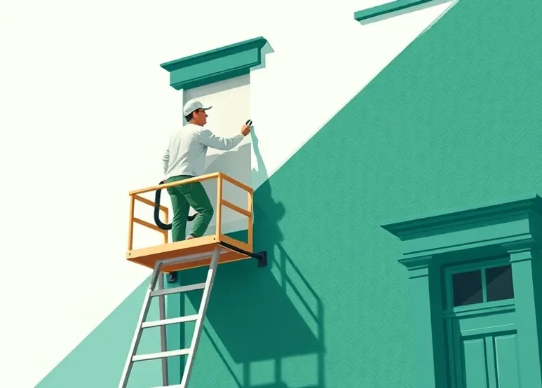 Peintre sur échafaudage traitant la façade d'une maison