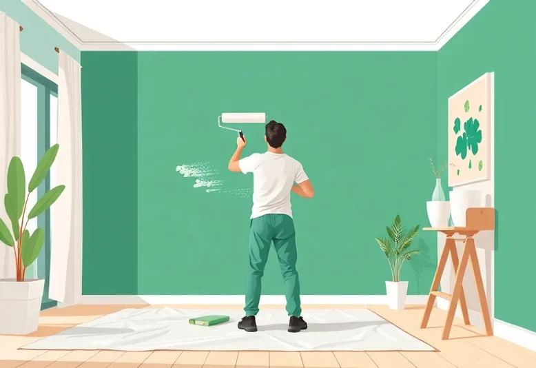 Peintre appliquant la peinture au rouleau sur un mur de salon